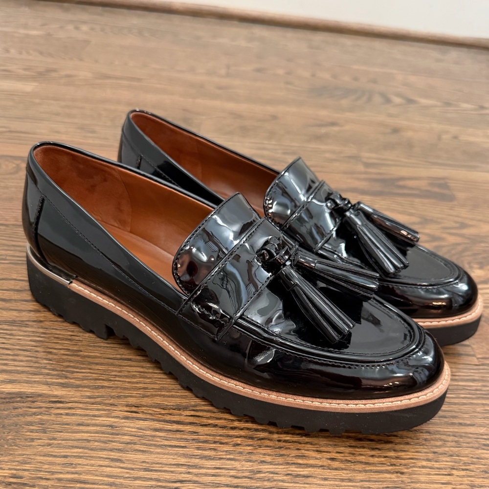 Franco Sarto Black Patent Carolynn Tassel Lug Loafer Size 8 M